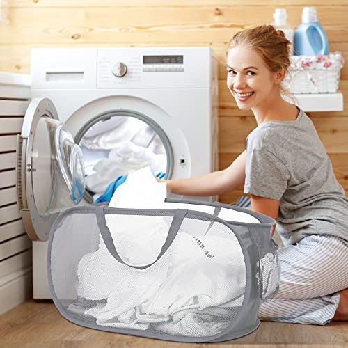Durable Collapsible Laundry Baskets, Mesh Pop Up Laundry Hamper with Side Pocket, Foldable Clothes Storage Hamper with Reinforced Carry Handles for Laundry, Bathroom, Kids Room, Dorm or Travel Grey - color: 1 x Gray