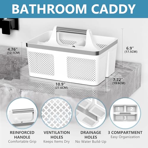 BYUNER Plastic Shower Caddy Dorm: Portable Bathroom Caddy Organizer with Handle and Holes, Cleaning Basket, Hard Shower Basket Storage Tote for Toiletry, College Dorm Room Essentials White/Silver - color: White/Silver