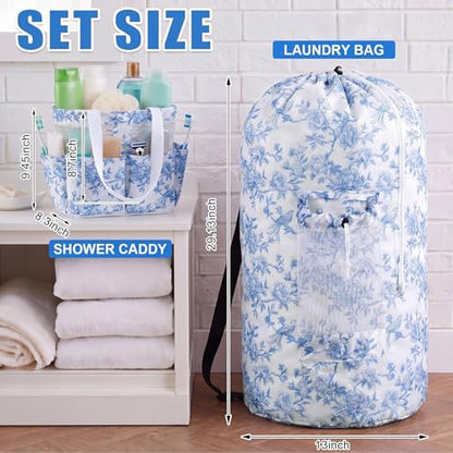 2 Pcs Backpack Laundry Bag and Caddy Set for Dorm and Travel, Floral, Blue - color: Blue