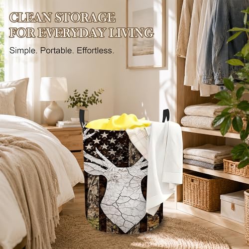 Laundry Hamper, Deer Antlers Collapsible Camo Flag Laundry Baskets Waterproof Oxford Cloth With Handles, Clothes Storage Bucket For Bathroom/Bedroom 16" x 20.8" - color: Deer Antlers