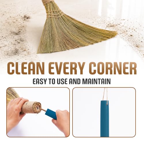 Vietnam Handmade Straw Broom with Indigo Wooden Handle - Soft Natural Grass Whisk Broom for Home, Kitchen, Bedroom & Garage, 12.2" Wide x 27.95" Long - style: Indigo