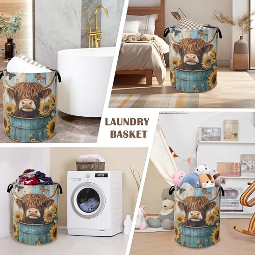 Large Laundry Basket,Highland Cow Collapsible Laundry Baskets,Sunflower Butterfly Waterproof Oxford Hamper with Handles for Bathroom Bedroom Nursery Home Storage 16"x20" - color: Highland Cow,Sunflower Butterfly,Blue Wooden