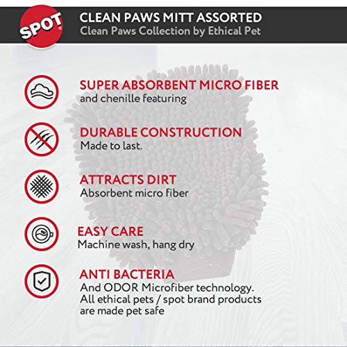 SPOT Clean Paws Chenille Microfiber Dog Towel Mitt - Super Absorbent, Quick-Drying, Washable, Double-Sided Glove for Wet Paws & Body, Durable, Odor-Free, Gently Massages & Dries, 9.5in x 7in