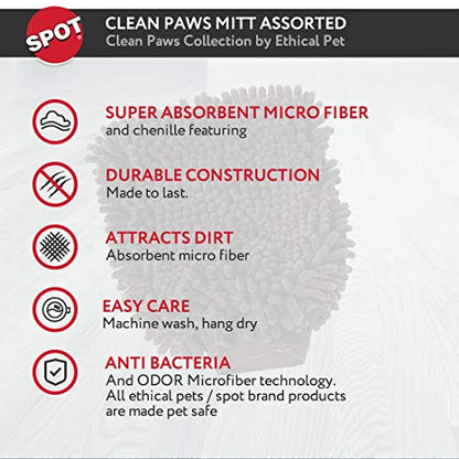 SPOT Clean Paws Chenille Microfiber Dog Towel Mitt - Super Absorbent, Quick-Drying, Washable, Double-Sided Glove for Wet Paws & Body, Durable, Odor-Free, Gently Massages & Dries, 9.5in x 7in