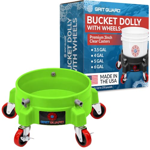 Grit Guard Bucket Dolly with Wheels - Rolling Detailing Wash Bucket with 5 Wheels and 2 Locking Casters Compatible with 2.5, 4, 5 and 6 Gallon Buckets (Green, 3" Red Casters) - Made in the USA - color: Green, size: 3" Red Casters