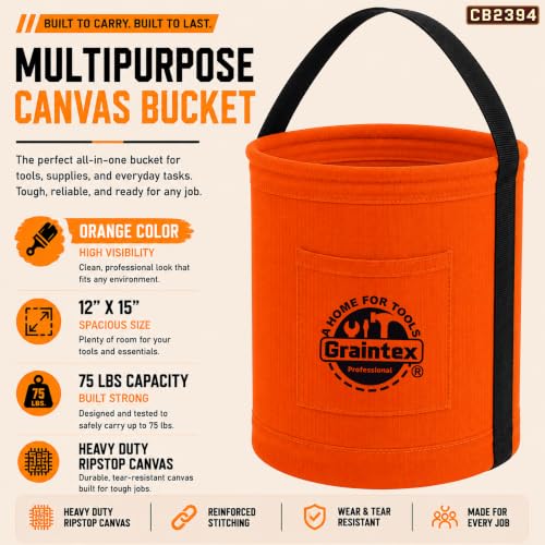 Graintex Canvas Utility Bucket 12"x15", Round Tool Bucket, Reinforced Base & Carry Handle, Ripstop Canvas, Multi-Purpose Bag for Jobsite, Gardening, Home Use, Ideal for Tool Storage Solutions - color: Orange