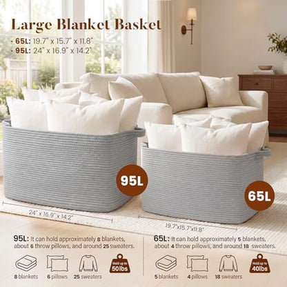 65L Large Woven Blanket Basket for Living Room, 19.7"x15.7"x11.8" - color: Light Grey, size: 19.7"x15.7"x11.8"
