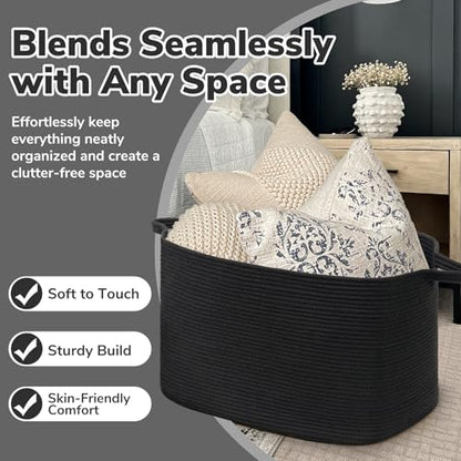 Goodpick 85L Large Woven Rope Blanket Basket, Rectangle, Black - color: Black, size: X-Large(23.6"L x 15.7"W x 13.8"H)