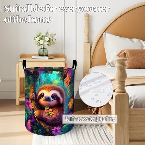 Cute Sloth Tropical Flowers Laundry Basket 19.7"x15.7", Collapsible Dirty Clothes Waterproof Animal Laundry Hamper Organizer Toy Storage Bin for Dorm Nursery Bathroom Decor - style: Sloth04