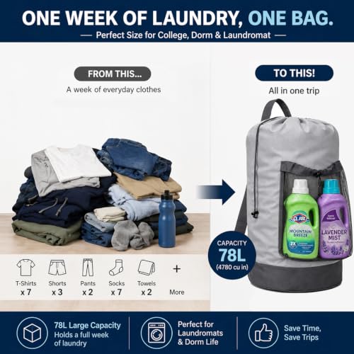 Backpack Laundry Bag, Durable polyster Laundry Backpack Bag with Shoulder Straps, Drawstring Closure & Mesh Pocket, Large Clothes Hamper for Dorm, Travel, Laundromat (Gray) - color: Gray
