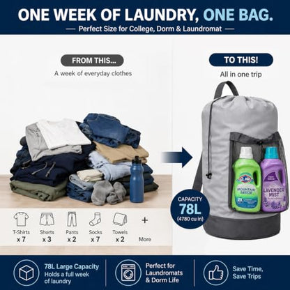Backpack Laundry Bag, Durable polyster Laundry Backpack Bag with Shoulder Straps, Drawstring Closure & Mesh Pocket, Large Clothes Hamper for Dorm, Travel, Laundromat (Gray) - color: Gray