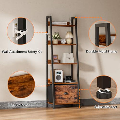 Furologee Ladder Shelf, 5 Tier Bookshelf with Fabric Drawer, Rustic Brown - color: Rustic Brown, size: 5-Tier, 15" W