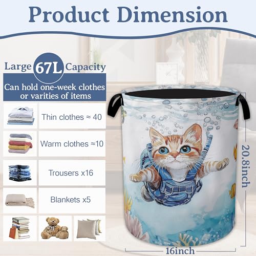Cute Cat Laundry Basket,Foldable Oxford Cloth Sea Turtle Fish Coral Laundry Hamper with Handles, 20.8"x16" Tote Bag Clothes Storage Bucket for Laundry Room/Bathroom/Bedroom/Dormitories - color: Cute Cat Sea Turtle Fish Coral
