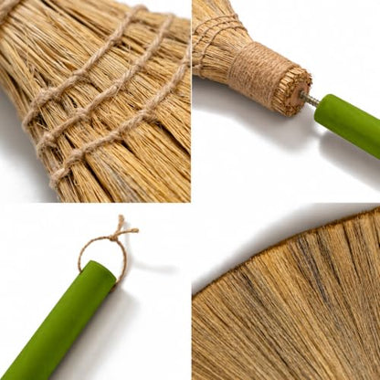 Vietnam Handmade Straw Whisk Broom with Green Wooden Handle - Soft Natural Grass Broom for Home, Kitchen, Bedroom & Garage, 12.2" Wide x 27.95" Long - style: Green