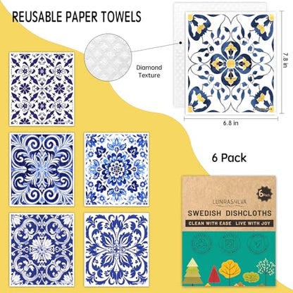 Swedish Dishcloths 6 Pack, Reusable Paper Towels Super Absorbent and Quick Drying for Kitchen, Biodegradable Washable Dish Towels Dishwasher Safe, Cleaning Cloths with WaterColor Design (Grid) - color: Grid Theme