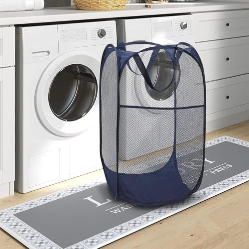 BATTOO Deluxe Strong Mesh Pop up Laundry Hamper Basket with Side Pocket Foldable Hamper for Laundry Room, Bathroom, Kids Room, College Dorm or Travel Navy + Navy - color: Navy+Navy
