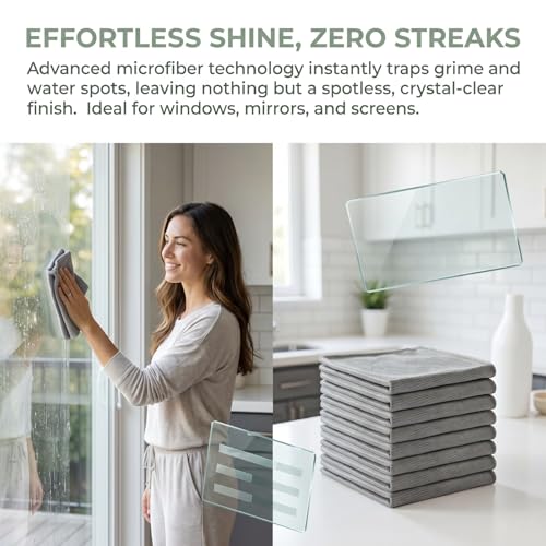 Microfiber Glass Cleaning Cloth, Lint-Free Streak-Free Cleaning Rags for Windows, Mirrors, Car Windshields, Screens & Home Surfaces, Absorbent Reusable Cleaning Towels (Gray)