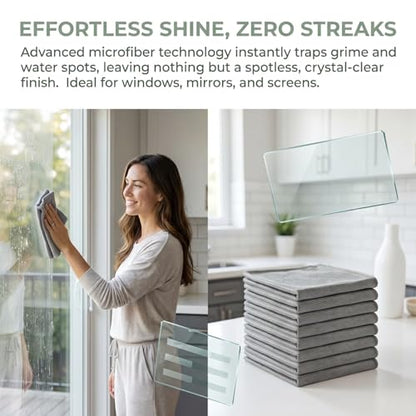 Microfiber Glass Cleaning Cloth, Lint-Free Streak-Free Cleaning Rags for Windows, Mirrors, Car Windshields, Screens & Home Surfaces, Absorbent Reusable Cleaning Towels (Gray)