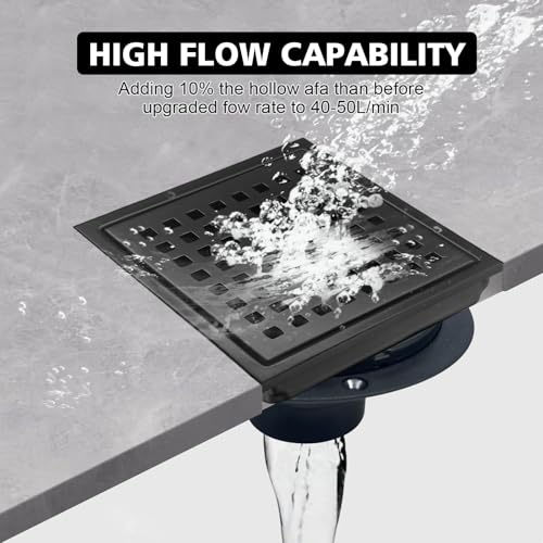 4 Inch Square Shower Drain with Flange, Removeable Grate SUS 304 Stainless Steel Shower Drain with Hair Catcher (Matte Black, 4 Inch) - color: Matte Black, size: 4 Inch