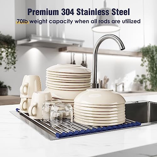 Tomorotec Roll Up Dish Drying Rack Over Sink, 304 Steel, 17.7x12.5, Indigo - color: Indigo, size: 17.7 x 12.5 in