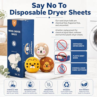 Wool Dryer Balls Handmade 3 Pack XL, Laundry Dryer Balls,100% New Zealand Wool Natural Fabric Softener,Reusable 1000 Loads,Wrinkles Free, Shorten Drying Time,Baby Safe (3 Pack XL,Zoo Friends) - color: Zoo Friends