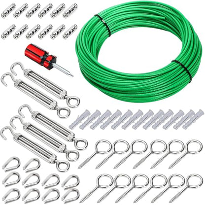 Elsjoy 100FT Cable Wire Turnbuckle Kit, 1/8" Green PVC Coated Wire Rope M5 Turnbuckle Tensioner Kit, Stainless Steel Outdoor Hanging Cable for Grape Vine, Clothes Line, Garden