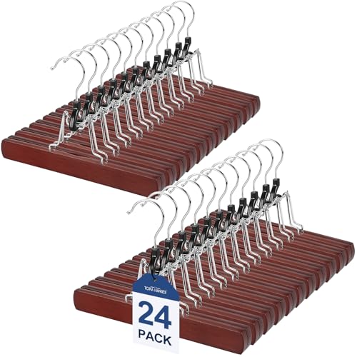 TOPIA HANGER 24 Pack Wooden Pants Hangers, Hair Extension Hangers Non Slip Skirt Hanger Wood Clamp with Velvet Padded 360° Swivel Hook for Jeans, Skirts, Trousers, Wigs Cherry CT68M - color: Cherry, size: 24 Pack