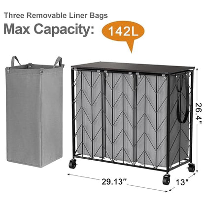 WOWLIVE Laundry Hamper 3 Section with Lid, 142L Laundry Basket with Wheels - color: Grey, size: 142l(28.35 x 13 x 26.4 Inches)