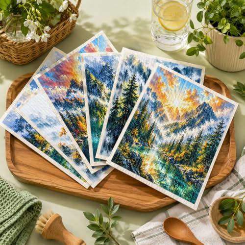 Shwing Swedish Dishcloths for Kitchen 6 Pack Mountain Landscape Forest Lake Reusable Paper Towels Kitchen Towels Dish Cloths for Washing Dishes Washable Quick Drying Absorbent Cleaning Cloths - color: Mountain Landscape