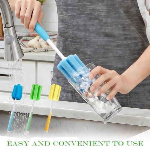 ericotry 3PCS Dishwashing Foam Sponge Brush with Adjustable Long Handle Bottle Scrubber Cleaning Sponges Brushes Cleaner Soft for Baby Bottle Kitchen Clean Glasses Mugs Cups (Color Random)