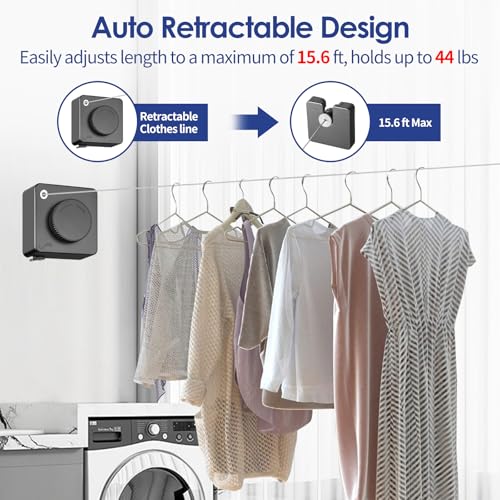 Retractable Clothesline Indoor, Non-Sagging Clothes Line Retracting Outdoors,15.6Ft Heavy Duty Clothes Drying Laundry Line, Wall Mounted Clothesline (Grey) - color: Grey-15.6ft