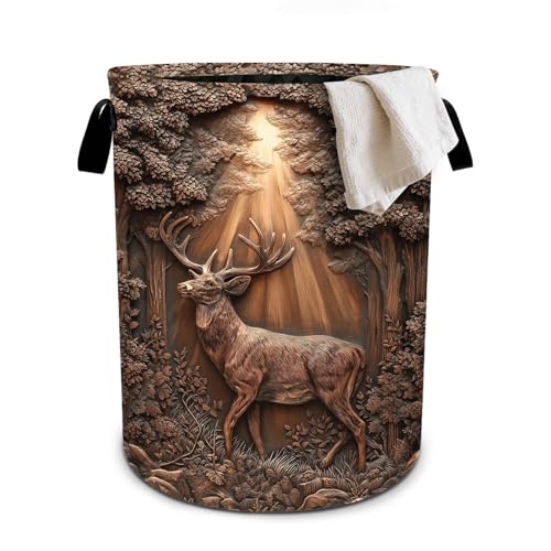 Deer Sunshine Laundry Basket Collapsible Oxford Cloth Fabric Hamper,Tote Bag Portable Storage Bin for Bedroom Bathroom Laundry Room 19.6x15.7 Inch - color: Deer Sunshine