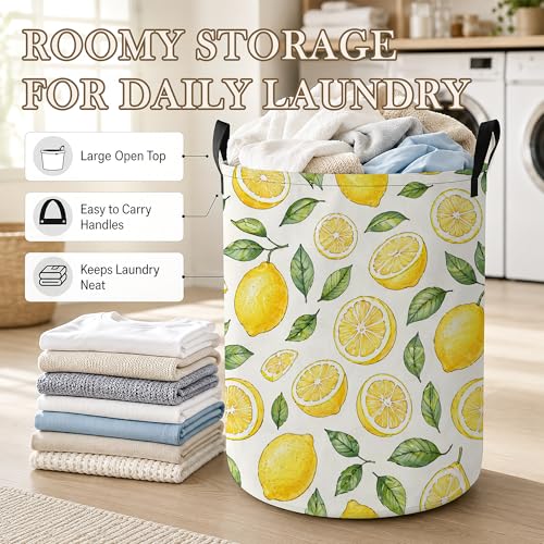 Lemon Slices Laundry Basket, Green Leaves Collapsible Laundry Hamper Waterproof Oxford Cloth With Handles, Clothes Storage Bucket For Bathroom/Bedroom 16" x 20.8" - color: Lemon Slices