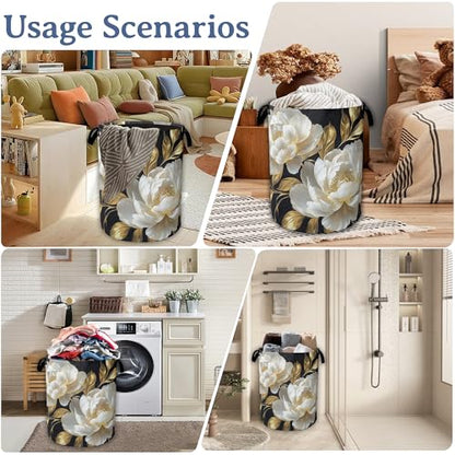 White Flowers Laundry Hamper With Handle,Foldable Oxford Cloth Glitter Blooming Laundry Basket,20.8"x16" Clothes Storage Basket for Laundry Room/Bedroom/Bathroom - color: White Flowers Glitter Blooming