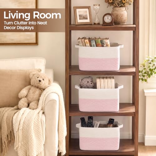 OIAHOMY Woven Storage Basket, Small Baskets for Organizing White & Pink - color: White & Pink, size: 13.5"x11"x9.5"
