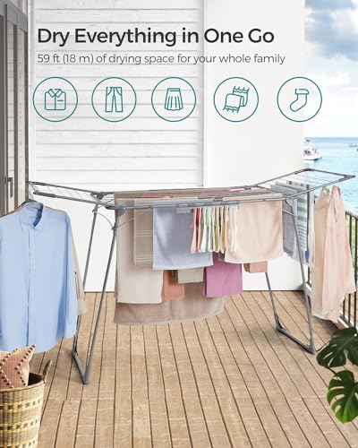 SONGMICS Clothes Drying Rack, Foldable, Heavy Duty, Space Saving - color: Gray, style: 2 Gullwings（22.2"D)