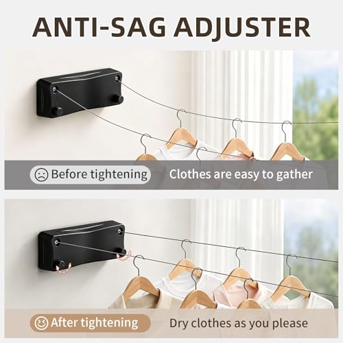 Anti-Sag Retractable Clothesline 40LB Capacity - 201in Stainless Steel Laundry Line for Indoor Outdoor, Wall Mounted Space Saving Easy Install (Black, Double Lines) - color: Black, size: Double lines