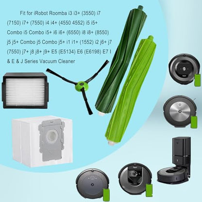 Replacement Parts Accessiroes Compatible with iRobot Roomba E/i/j E5 E6 E7 i3 i3+i4 i4+ i6 i6+ i7 i7+ i5 i5 j5 j5 i2 i8 i8+/Plus Robot Vacuum 2 Set Rubber Brushes 8 Filters 8 Side Brushes 10 Bags