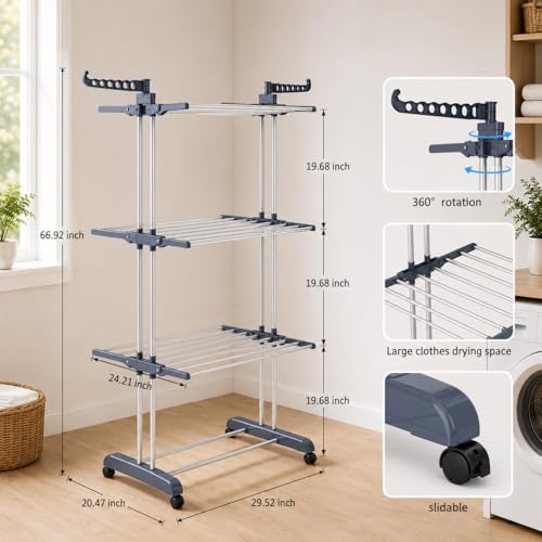 Clothes Drying Rack, 4-Tier Foldable Drying Rack Clothing with 4 Castors, 24 Poles & 14 Hooks, Movable Stand for Bed Linen, Indoor Outdoor Use, 67.7" High