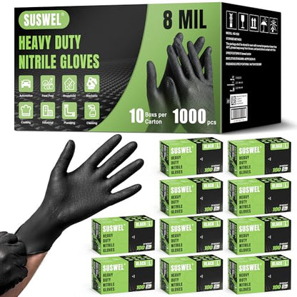 HEAVY DUTY 8 Mil Black Nitrile Gloves Disposable Latex Free Raised Diamond Textured Industrial Mechanic Gloves 1000PCs - size: Medium