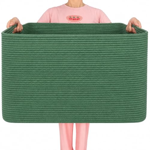 MINTWOOD Design 112L Extra Large Blanket Basket Holder Living Room, 25"x17"x16" Rectangle Rope Woven Storage Basket with Handles for Laundry, Towels, Shoes, Dog Toy Organizer Bin Box, Green - color: Forest Green