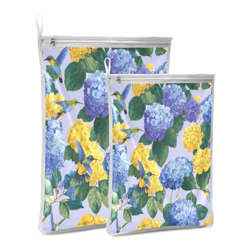 Mesh Laundry Bags Lingerie Bags for Washing Delicates 2 PCS Durable Wash Bag with Zipper Small and Medium Washable Blue Hydrangeas Hummingbirds - color: Blue Hydrangeas Hummingbirds