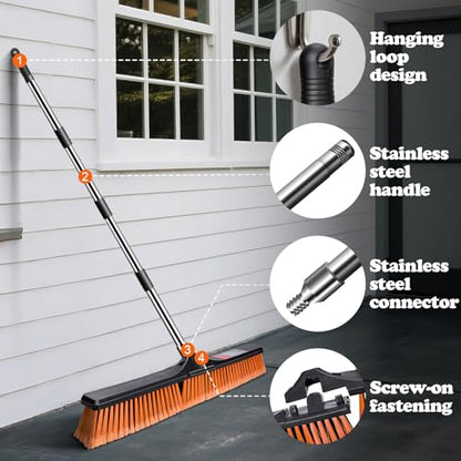 24" Push Broom Outdoor, Heavy Duty Garden Brush Broom with 58" Long Handle - color: Push Broom Orange