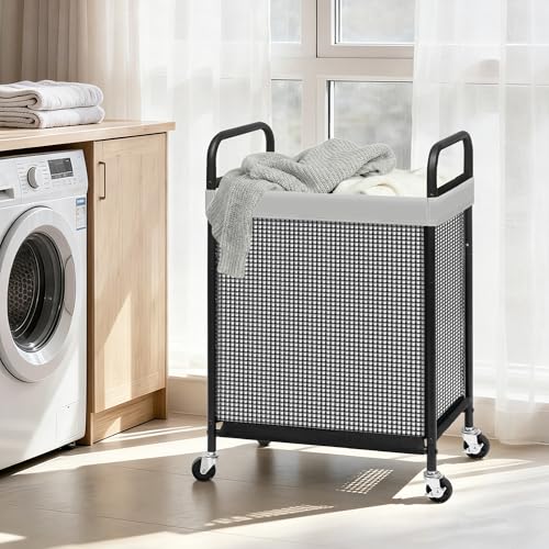STORAGE MANIAC Rolling Laundry Hamper with Wheels 1-Section Laundry Sorter Rolling Laundrys Basket on Wheels with Removable Bag Clothes Hamper Laundrys Organizer Cart Bathroom Bedroom 90L Grey - color: Grey, size: 1-Section