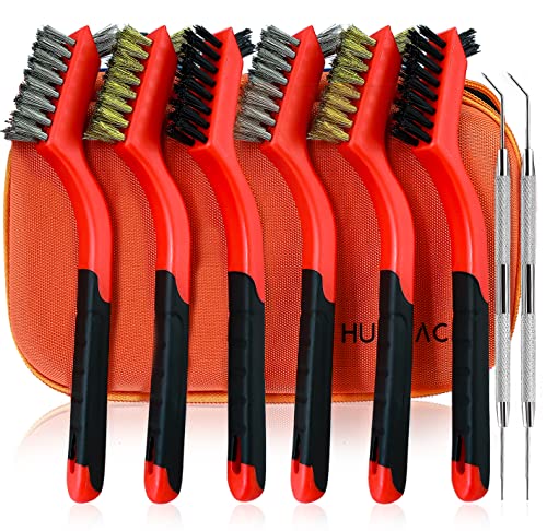 Small Wire Brush Set - 8 Pieces Brass Stainless Steel Nylon Brushes - color: Orange