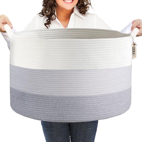 COMFY-HOMI XXXL Large Laundry Basket, Cotton Rope Nursery Woven Basket for Storage, Blanket Baskets Living Room Laundry Hamper, Dog Toy Storage Organizer, Home Decor - color: white/grey/dark grey, size: 21''x21''x13.6''