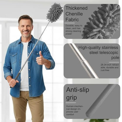 Microfiber Feather Duster with 29 in Telescoping Pole and Bendable Head for Ceiling Fans, Ceilings, Blinds, Furniture and Cars, Gray - color: Gray