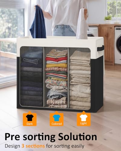 Optish 180L Laundry Hamper 3 Section, Large Hamper with Mesh Bags & Lid - color: White & Black