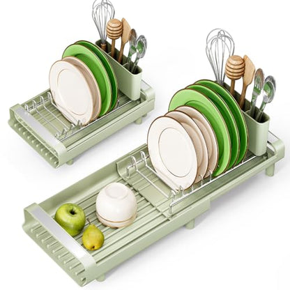 TOOLF Small Dish Drying Rack, Expandable and Space-Saving, Grayish Green - color: Soft Celery Green
