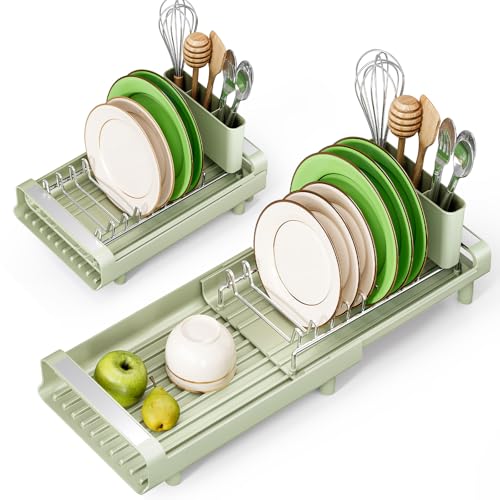 TOOLF Small Dish Drying Rack, Expandable and Space-Saving, Grayish Green - color: Soft Celery Green